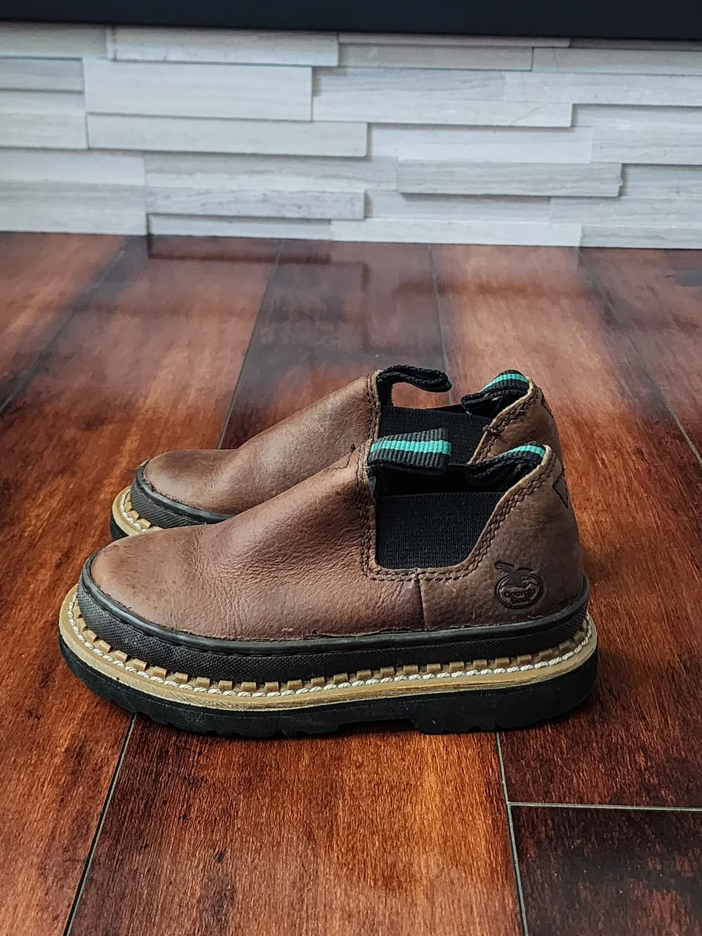 Georgia Boot Kids Brown Leather Slip-On Work Boots with Green Accents